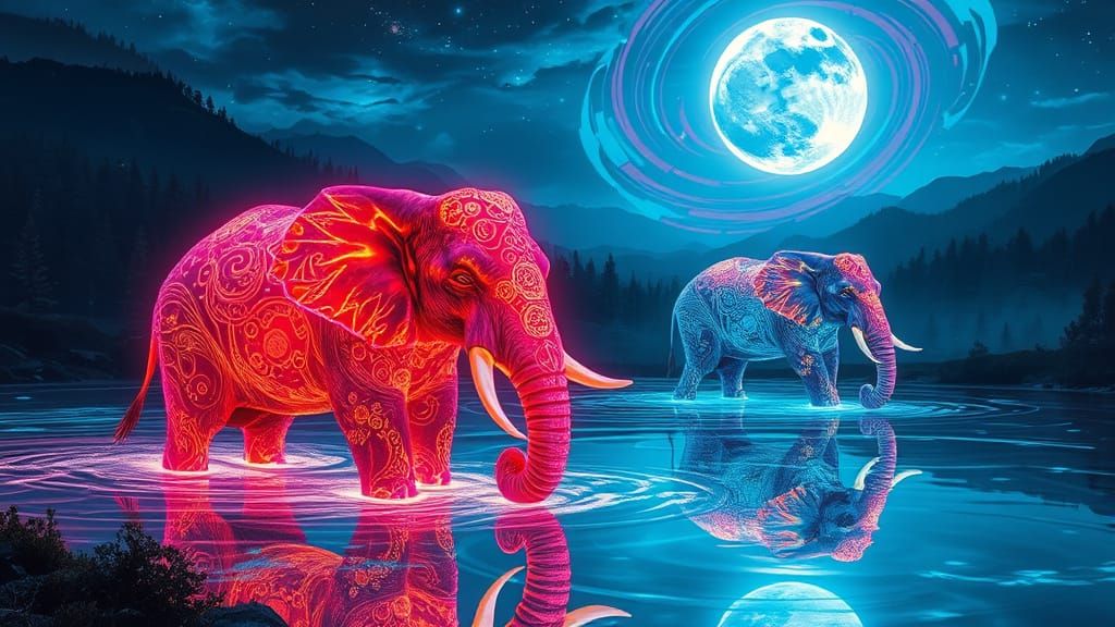 Glowing Crystal Elephants Swim Under a Bright White Moonlit ...