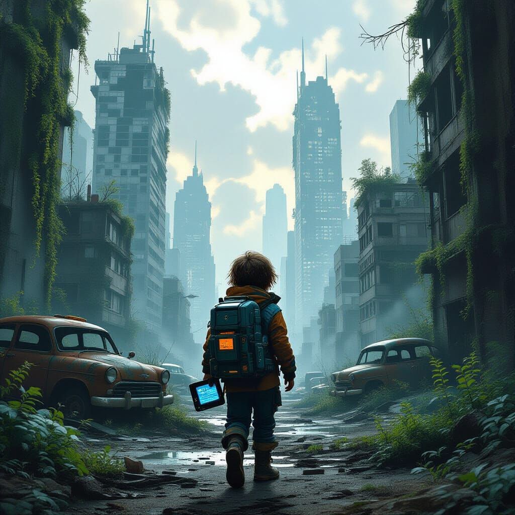 Child Explorer in Overgrown Futuristic City