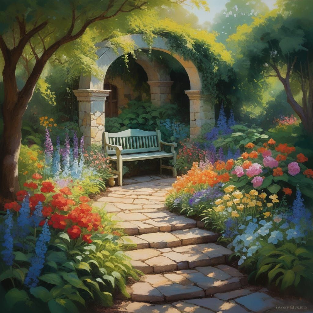 Whimsical Garden Scene in Impressionist Style