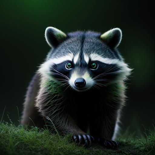 Glowing Green Raccoon in Hyperrealistic Detail