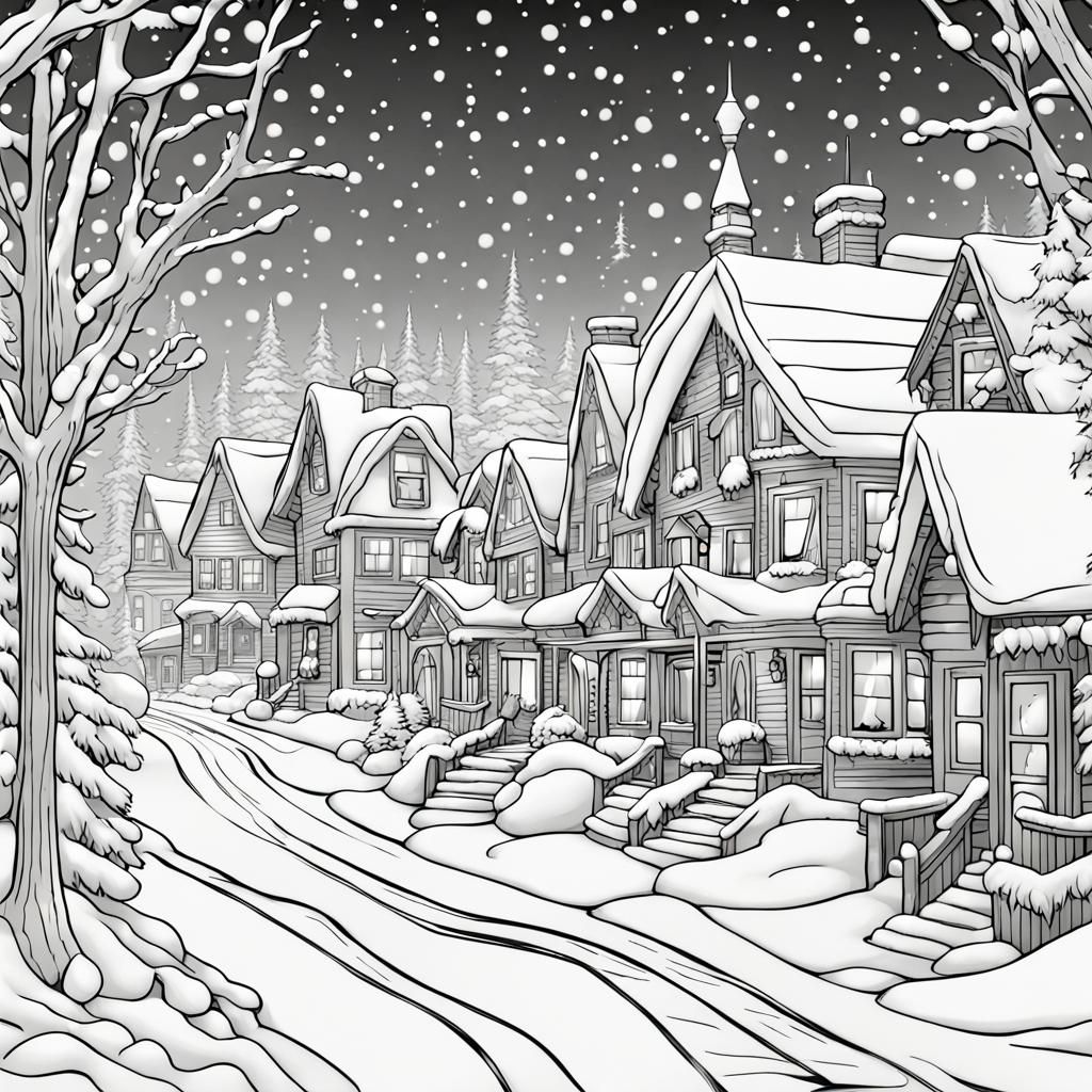 Christmas Village Coloring Page in Anime Style