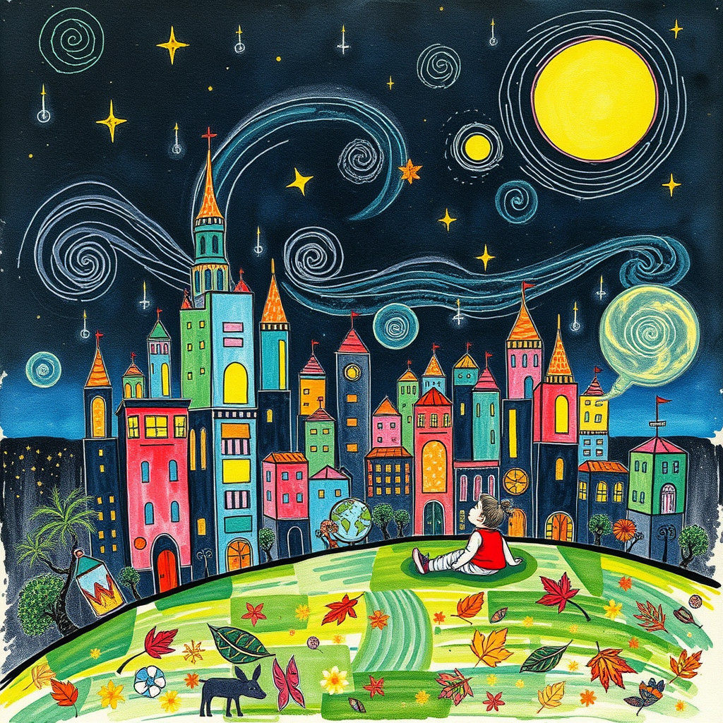 Cosmic Future City in Childlike Crayon Doodles