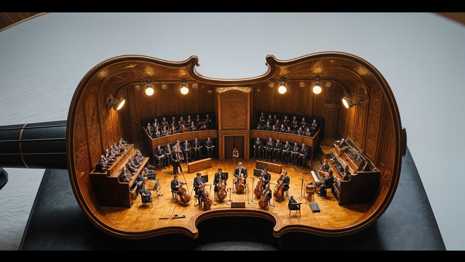 Miniature Orchestra Inside Violin: Hyperrealistic 8K Render