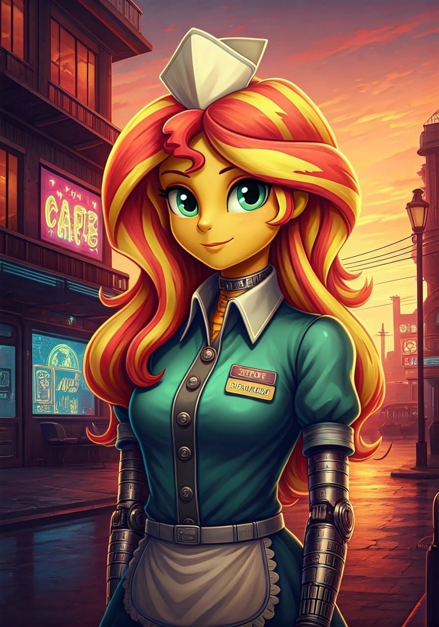 Sunset Shimmer as Cyberpunk Waitress in Dystopian Sunset