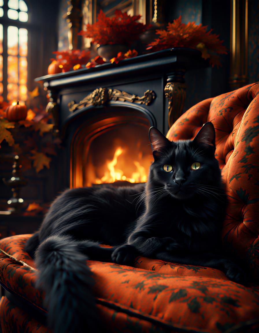 Black Cat Napping in Autumnal Cozy Fireplace Scene