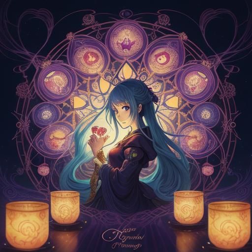 Anime Tarot Reader with Cups and Hearts