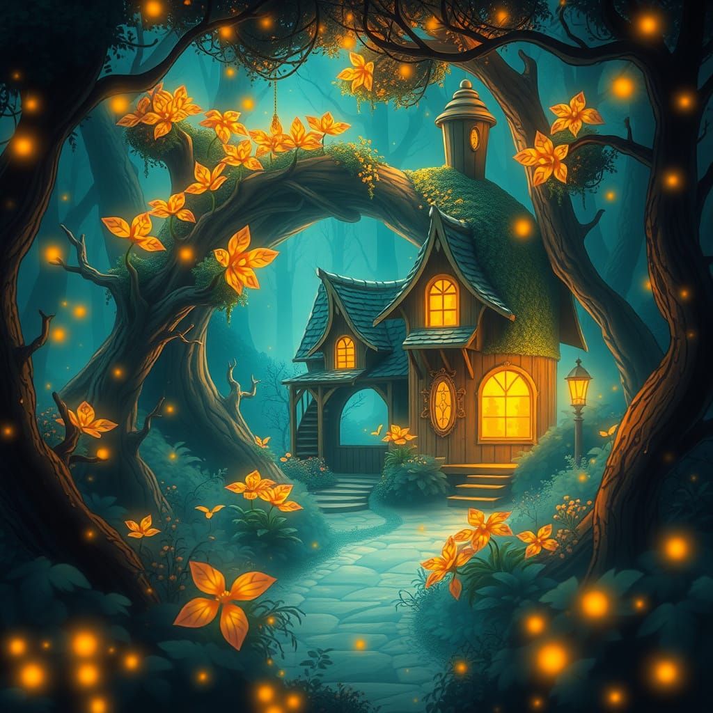 Whimsical Fairy Barrel House in Enchanted Bioluminescent For...