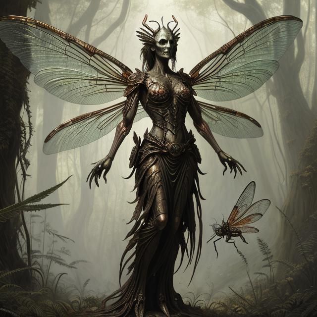 Insectile Fairy with Dragonfly Wings in Forest