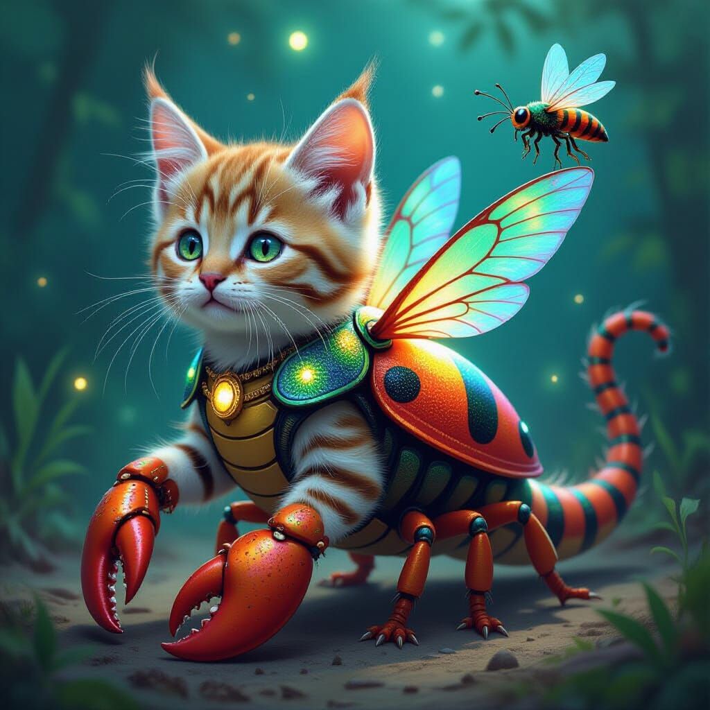 Whimsical Hybrid Creature: Kitten, Dinosaur, Beetle, and Mor...