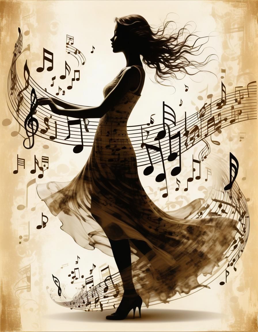 Sepia Silhouette with Flowing Musical Notes