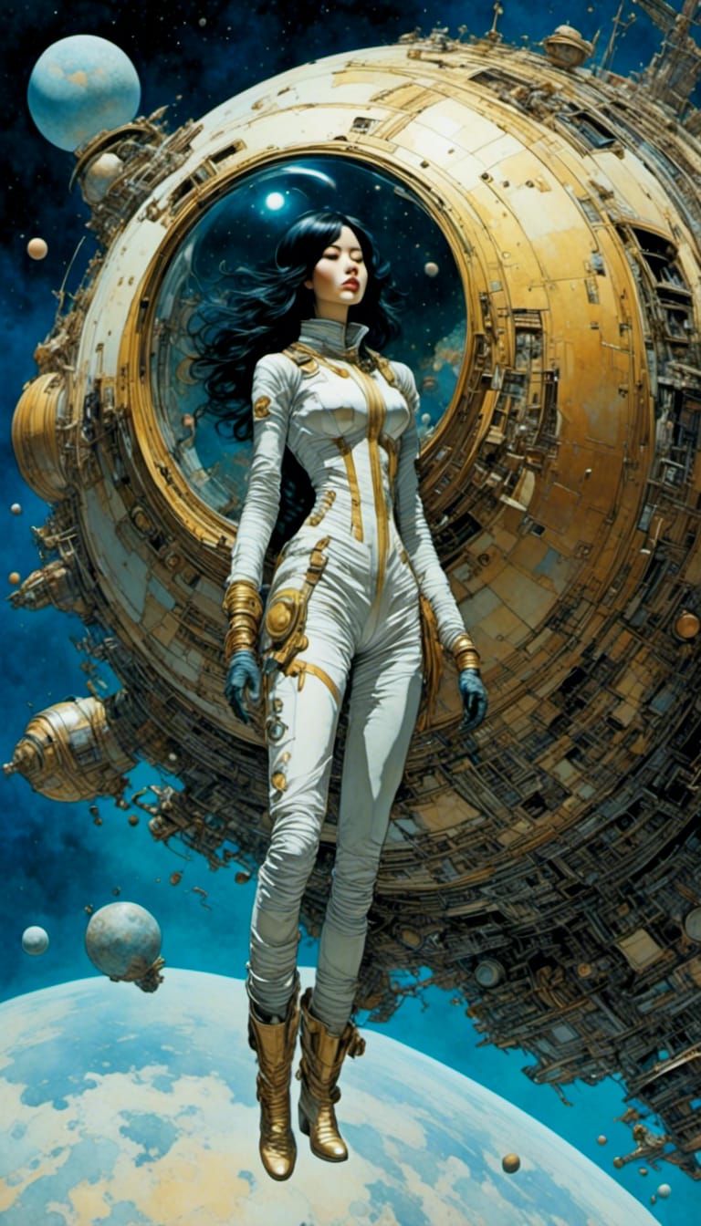 Korean Girl Floats Over Saturn in Watercolor Style