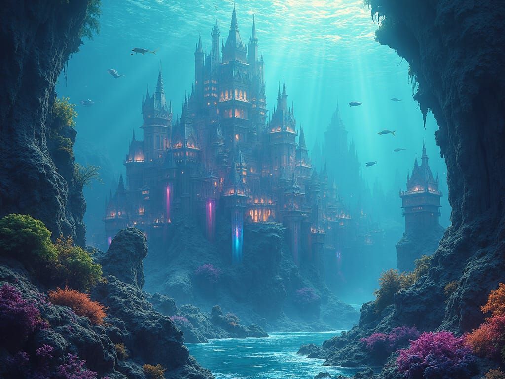 Gothic City Beneath the Waves in Vibrant, Iridescent Splendo...