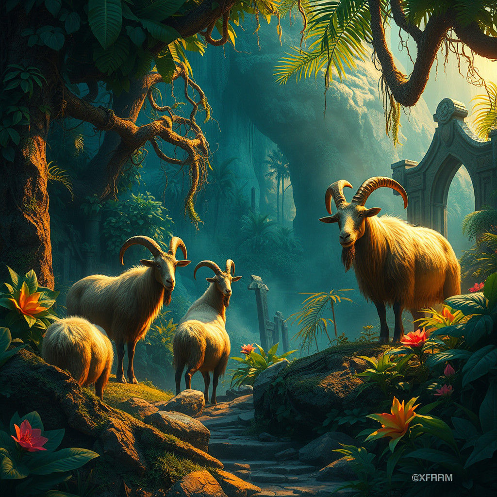 Goats Explore a Vibrant Jungle Landscape