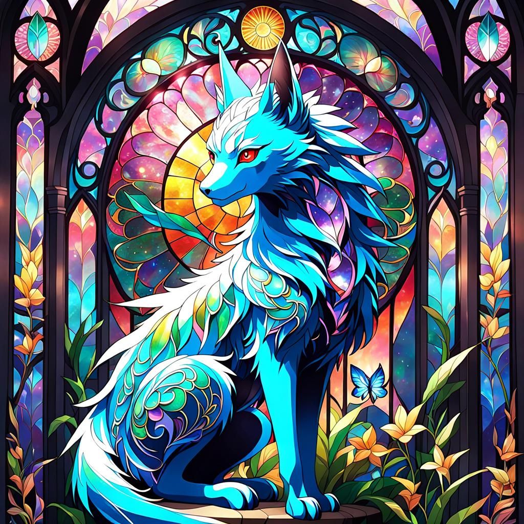 Enchanting Iridescent Anime Creature in Stained Glass Style