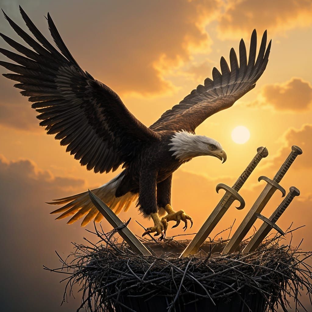 Eagle Carries Golden Sword to Nest Amidst a Collection of Di...