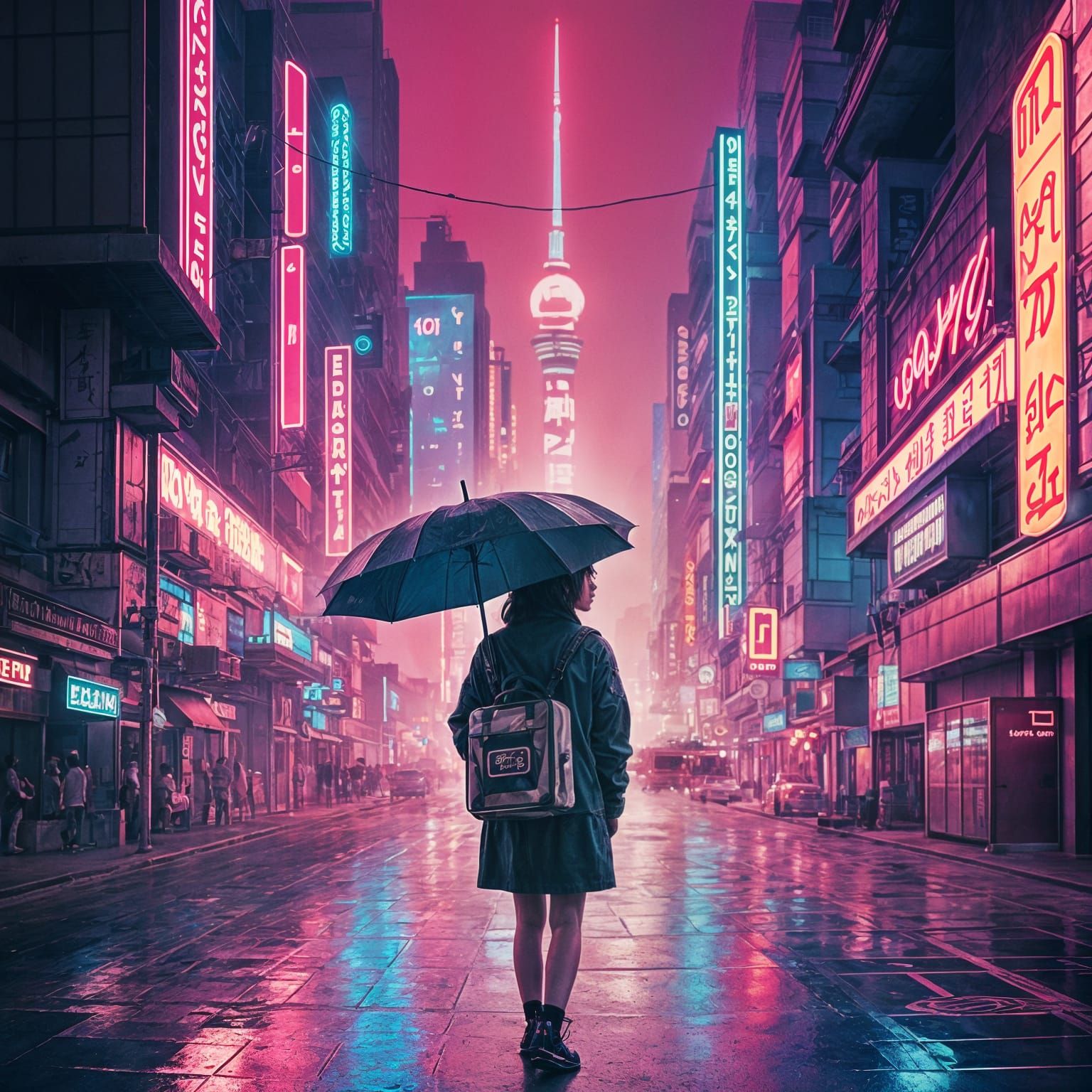 Retrowave Album Cover with Japanese Text and Neon Lights