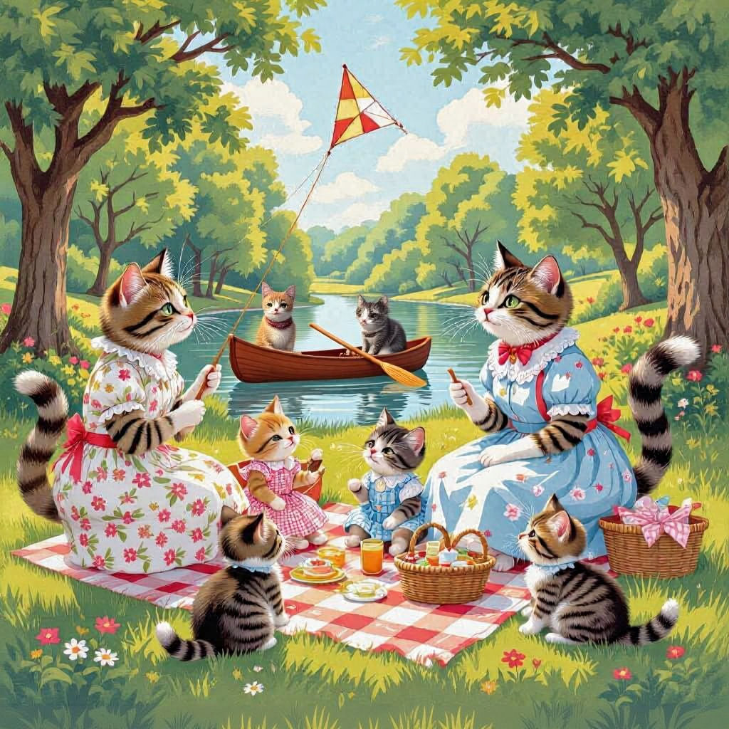 Cats Dressed as Humans in Park, Vintage Art