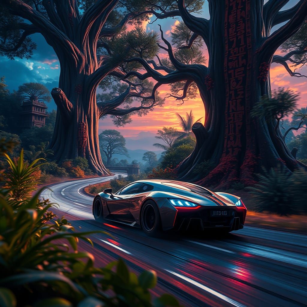 High-Tech Car Speeds Through Mystical Forest