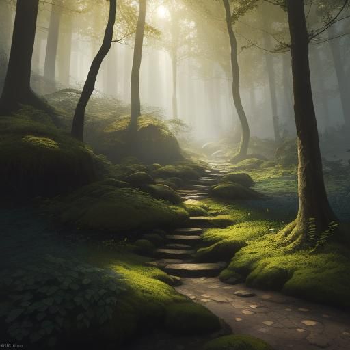 Mystical Forest Path with Ancient Runestone Tree