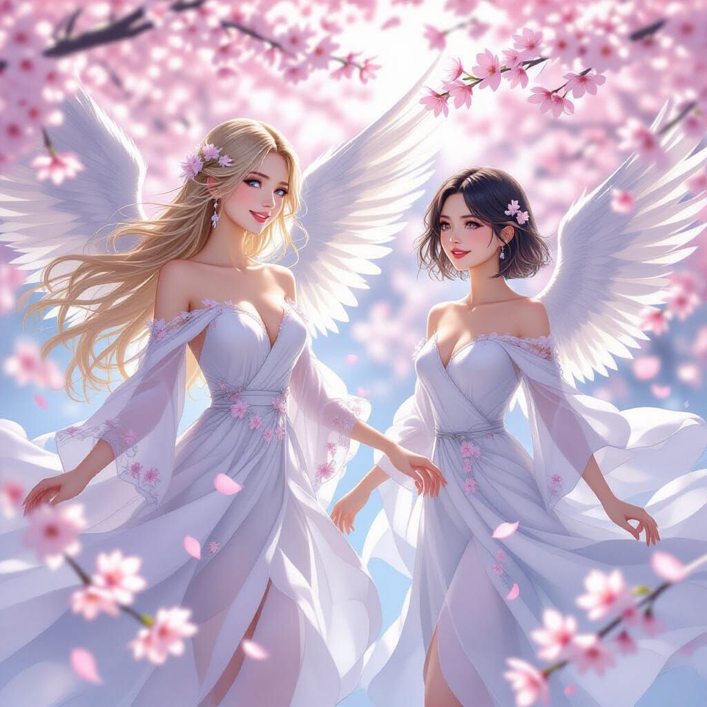 Ethereal Women Floating Among Cherry Blossoms