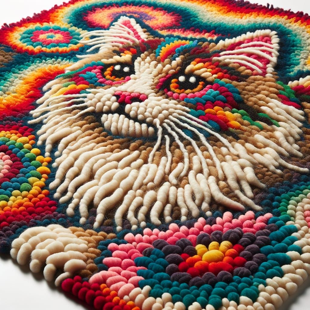 Retro Latch-Hook Rug with Psychedelic Cat Design