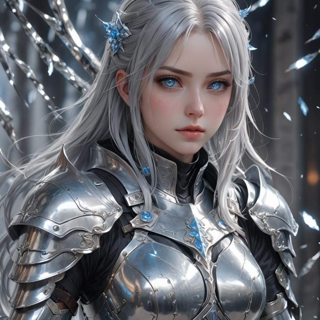 Anime Girl with Silver Hair in Silver Armor