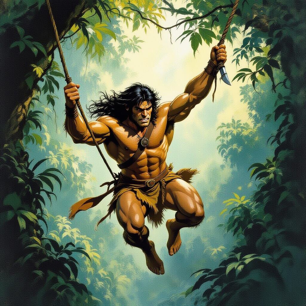 Tarzan Swings Through Jungle in Fantasy Art Style