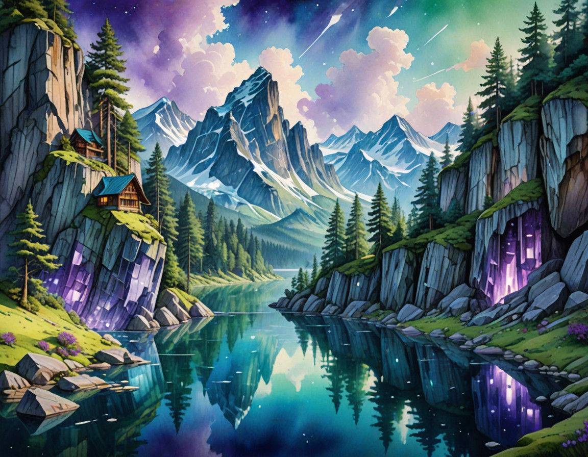 Vibrant Amethyst and Emerald Cliff in a Crystal Shaped Lands...