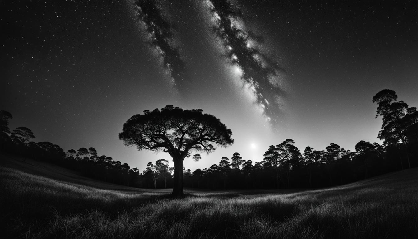 Dramatic Night Photo of Aleppo Pine Under Galaxy