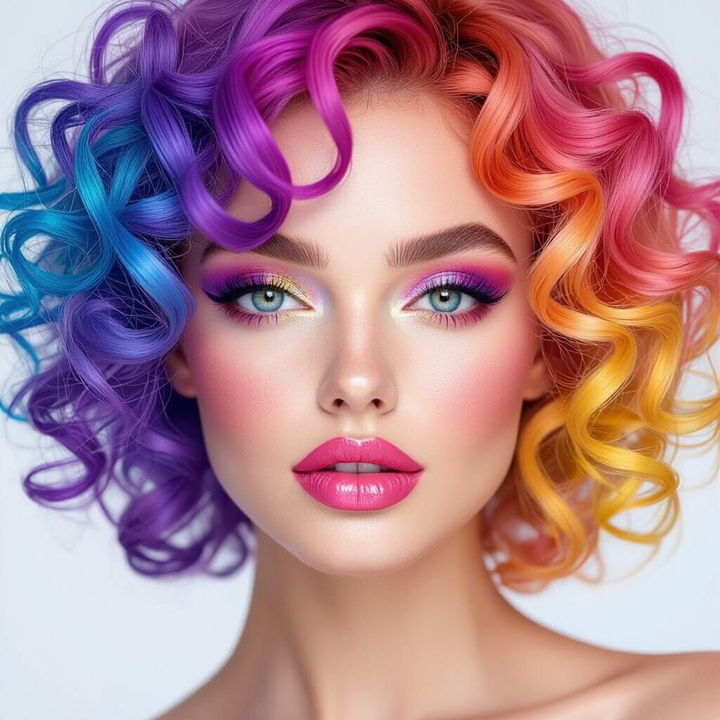 Glamorous Woman with Rainbow Hair and Heterochromia