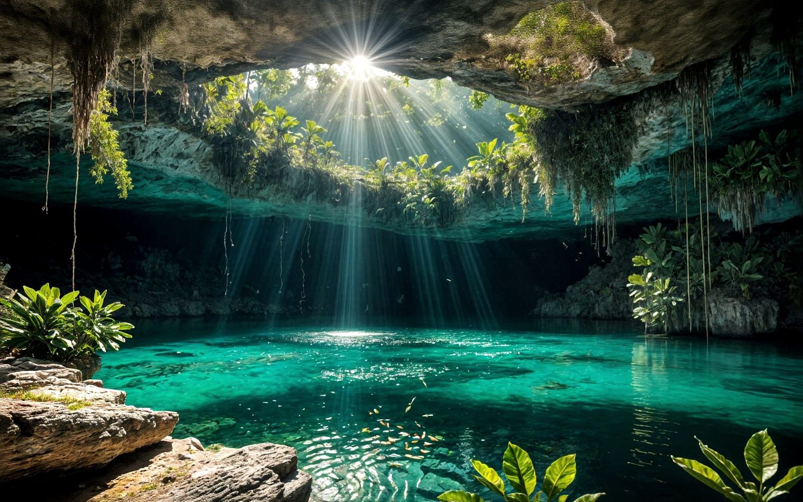 Crystal Turquoise Cenote with Sunlit Reflections