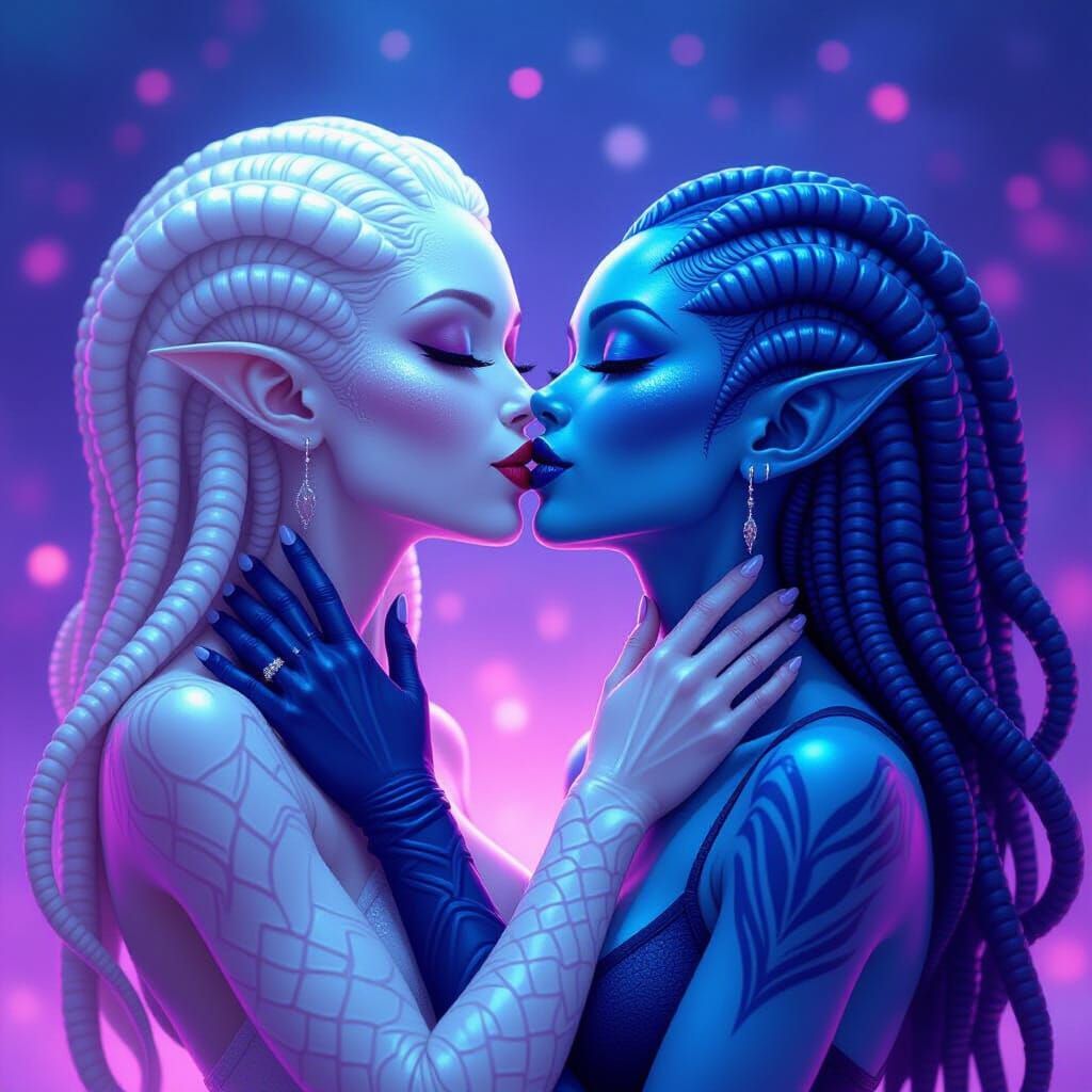 Alien Women Kissing in Dynamic Comic Art Style