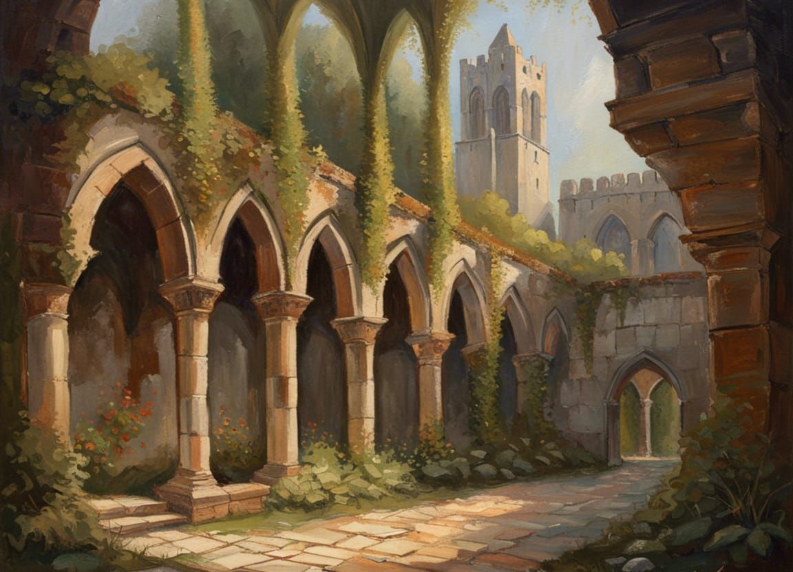 Medieval Cloister Ruins in Oil Painting Style