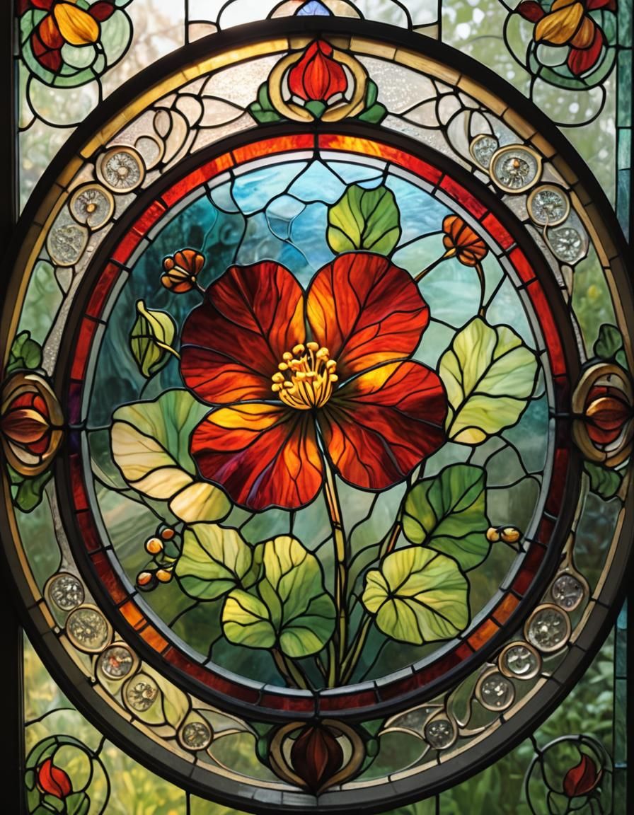 Luminous Stained Glass Nasturtium in Round Frame