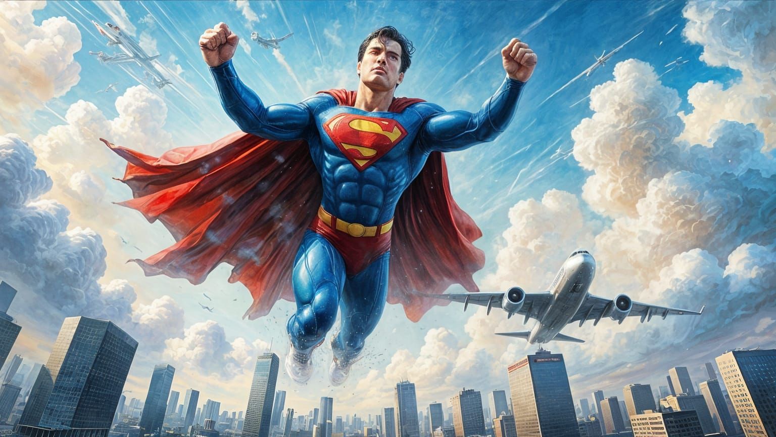 Superman Catches Falling Jet Airliner in Impasto Comic Book...