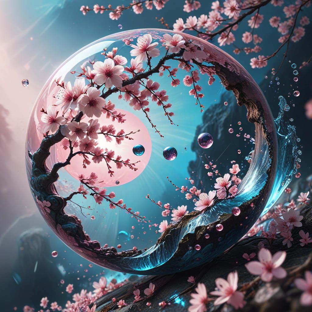 Surreal Cherry Blossom Yin Yang with Waterfalls