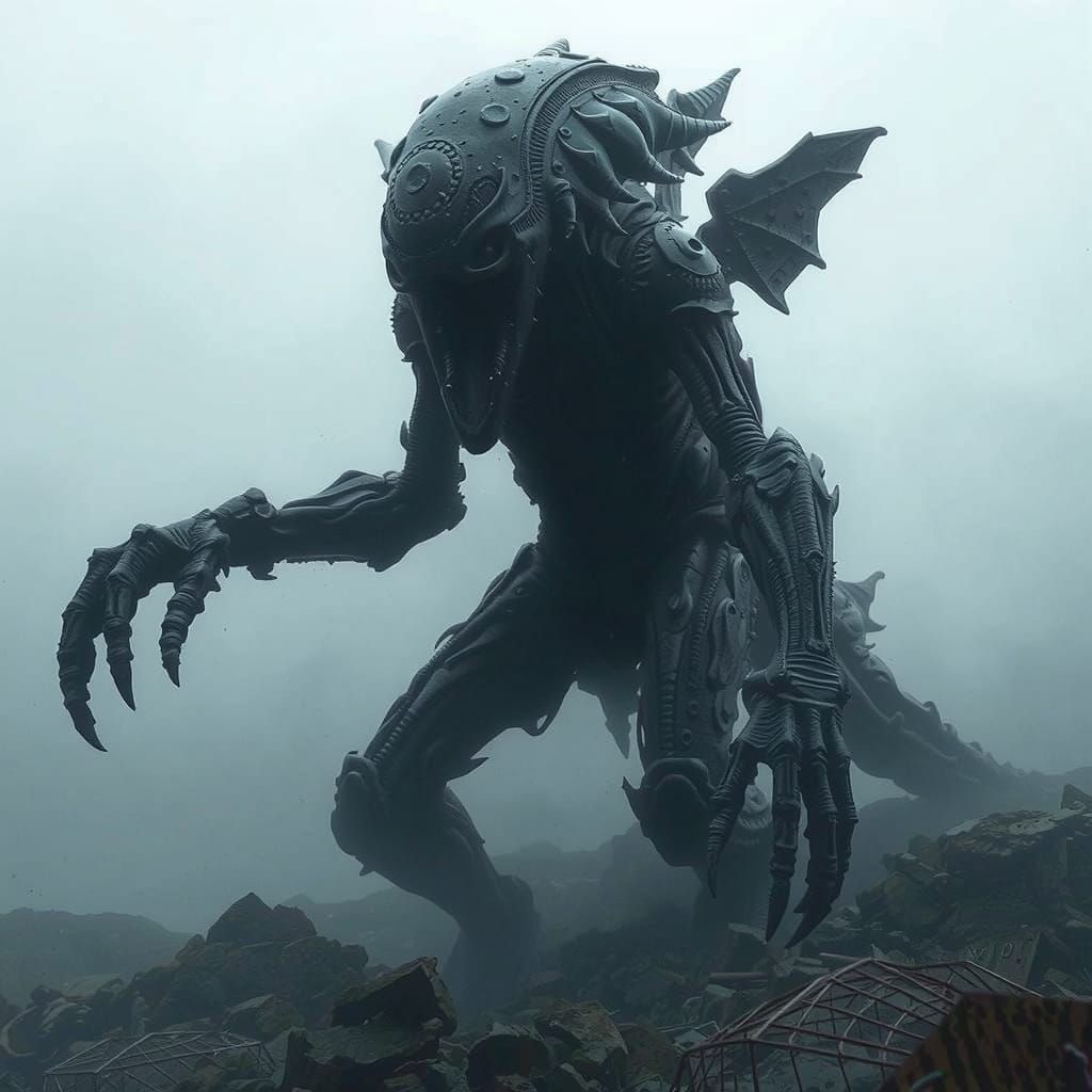 Dark Obsidian Alien Erupts from Ground in Black Shards