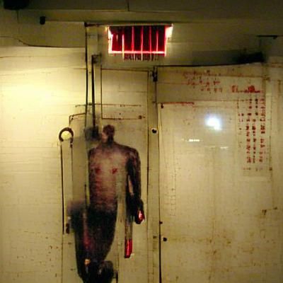 Eerie Red-Lit Basement with Pale Man