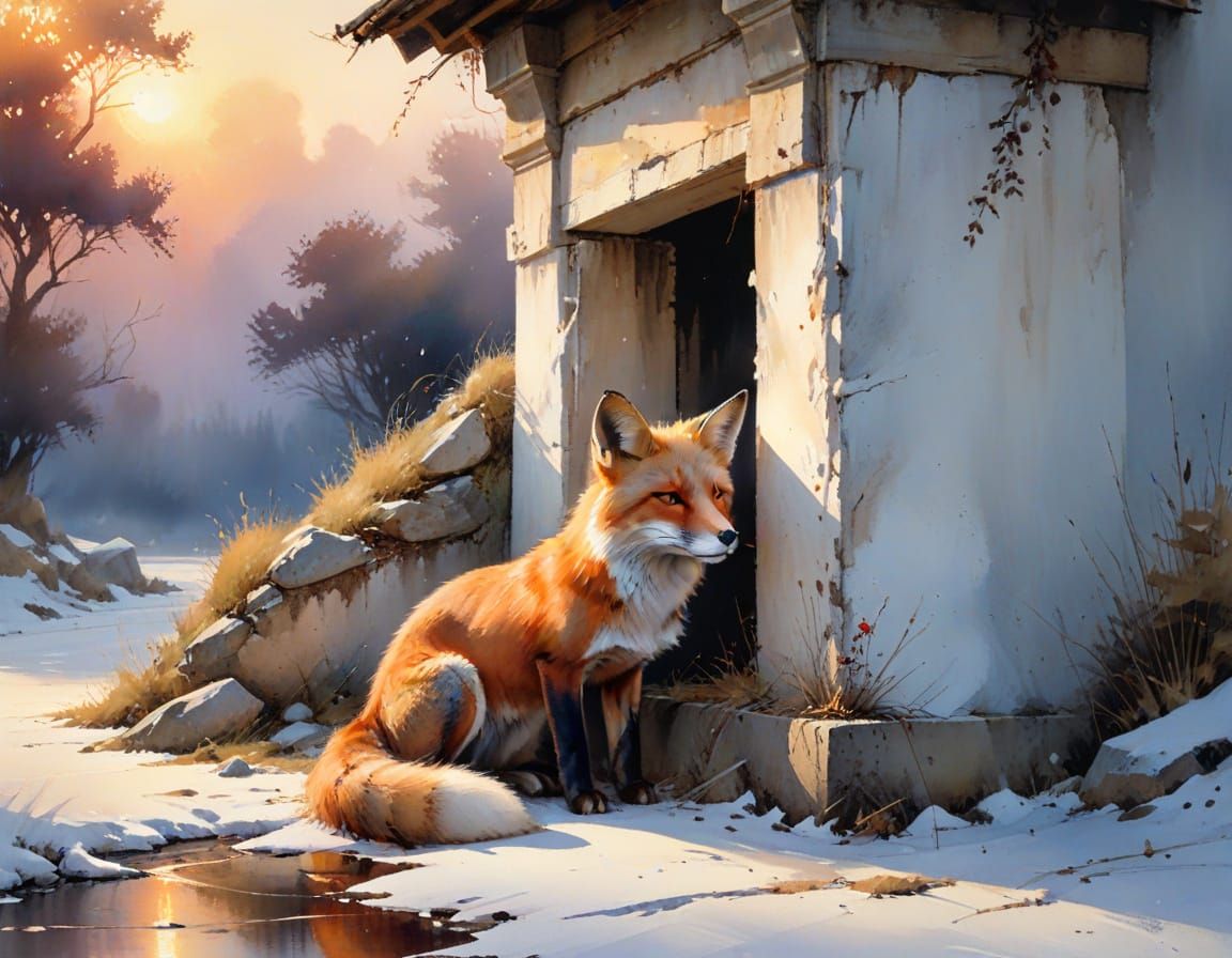 Red Fox Curled by Shrine: Watercolour Illustration