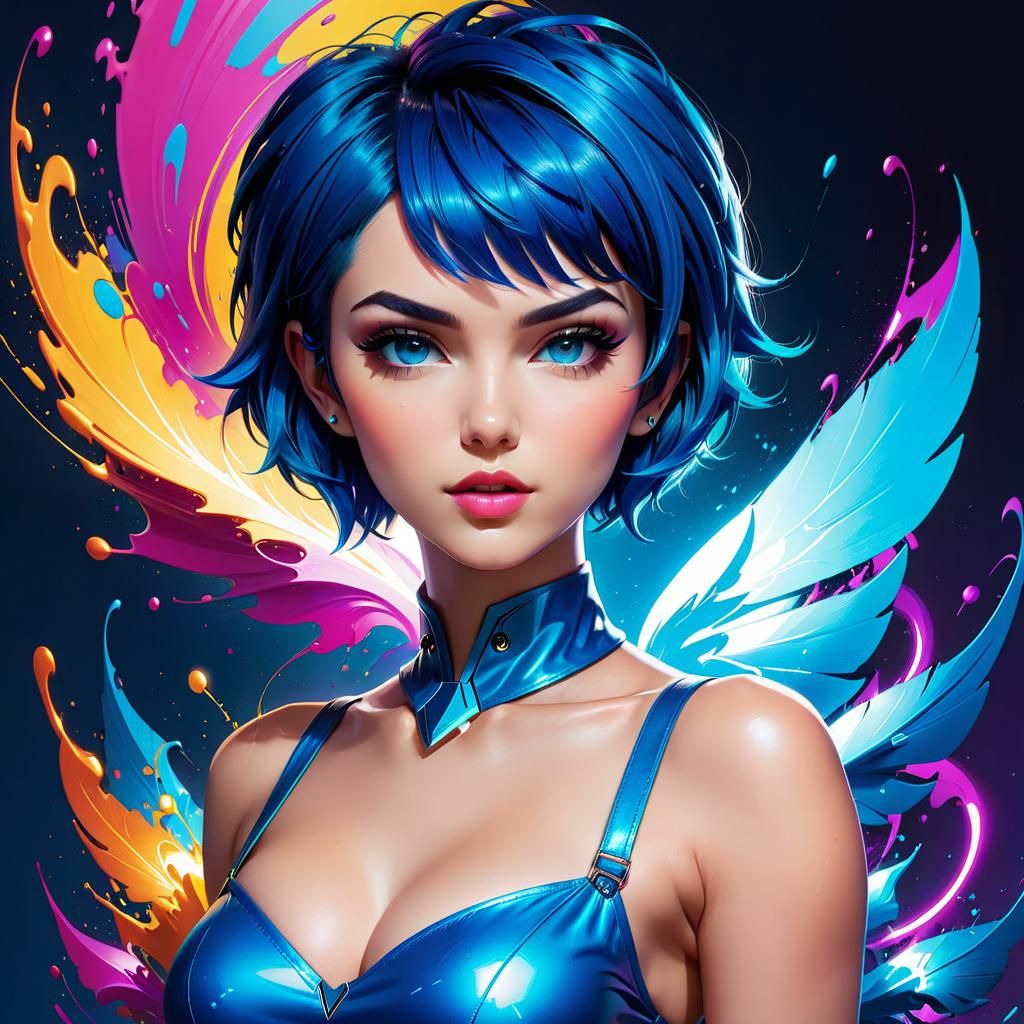 Electric Blue Pixie Portrait in Splash Art Style