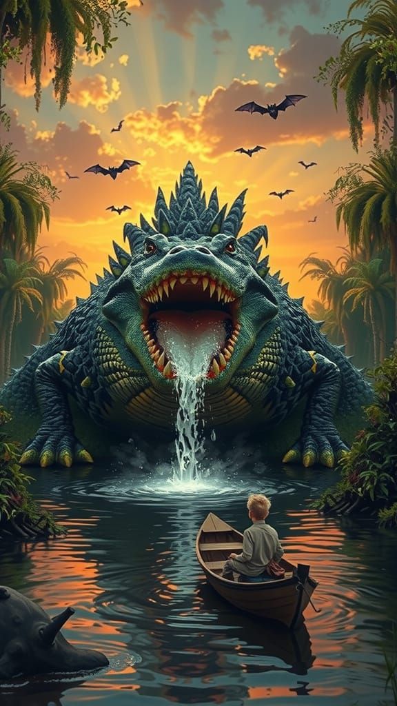 Surreal Alligator Waterfall: Gothic Photorealistic Oil Paint...