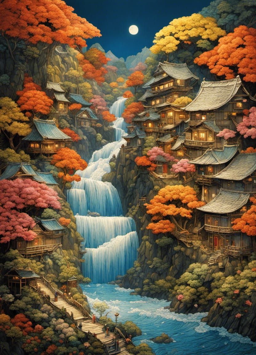 Cascading Waterfall Village in Origami Style