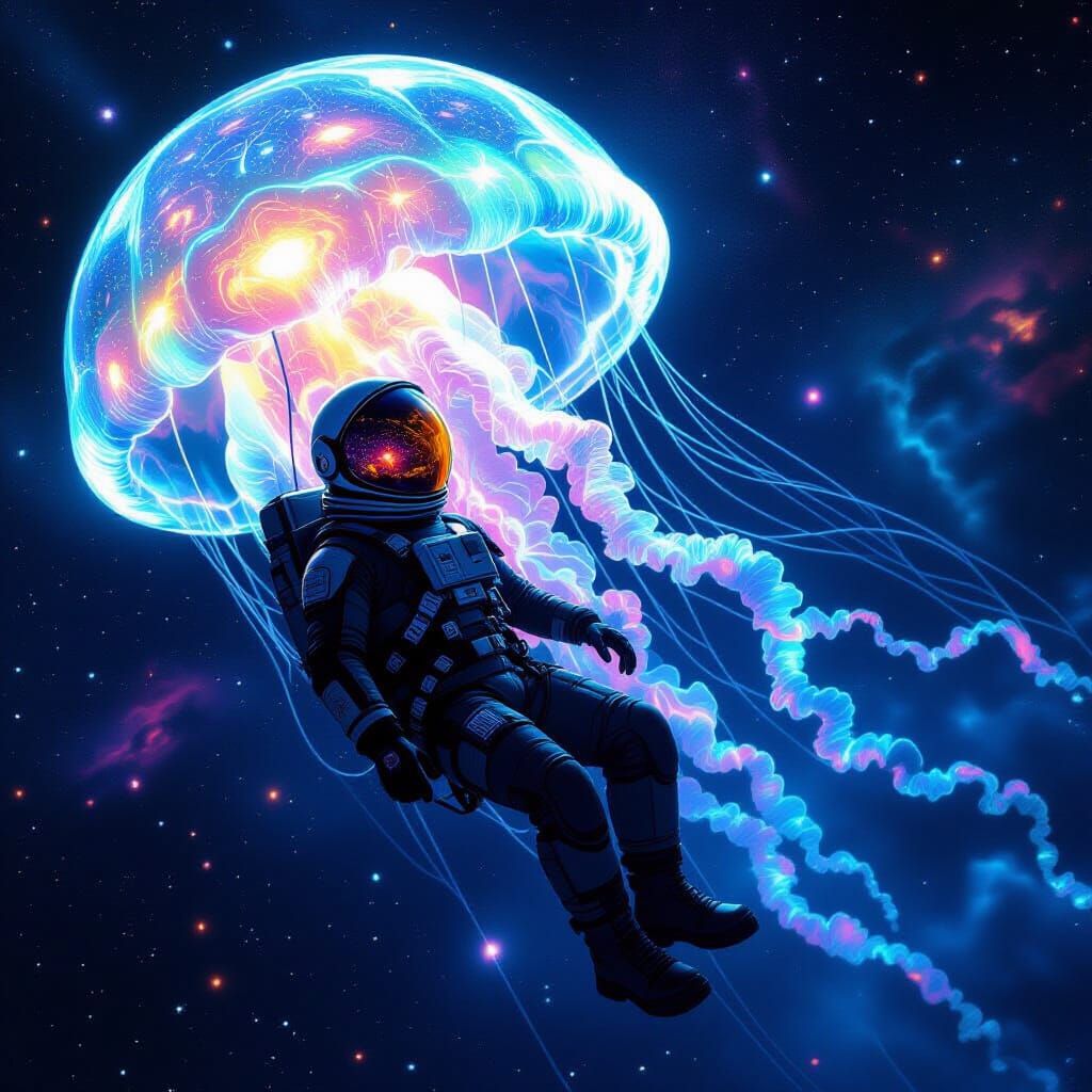 Astronaut and Bioluminescent Jellyfish Space Station