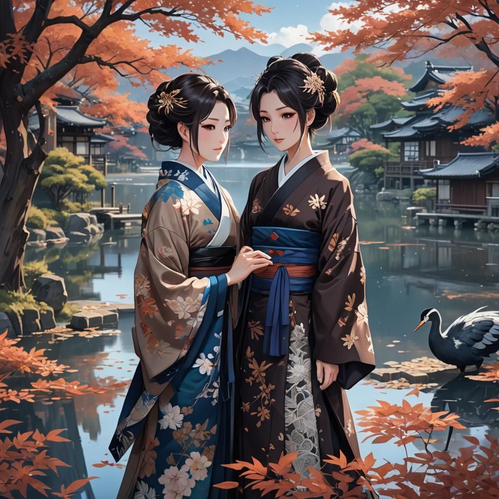 Anime Waifus in Ancient Japanese Village, Autumn Setting