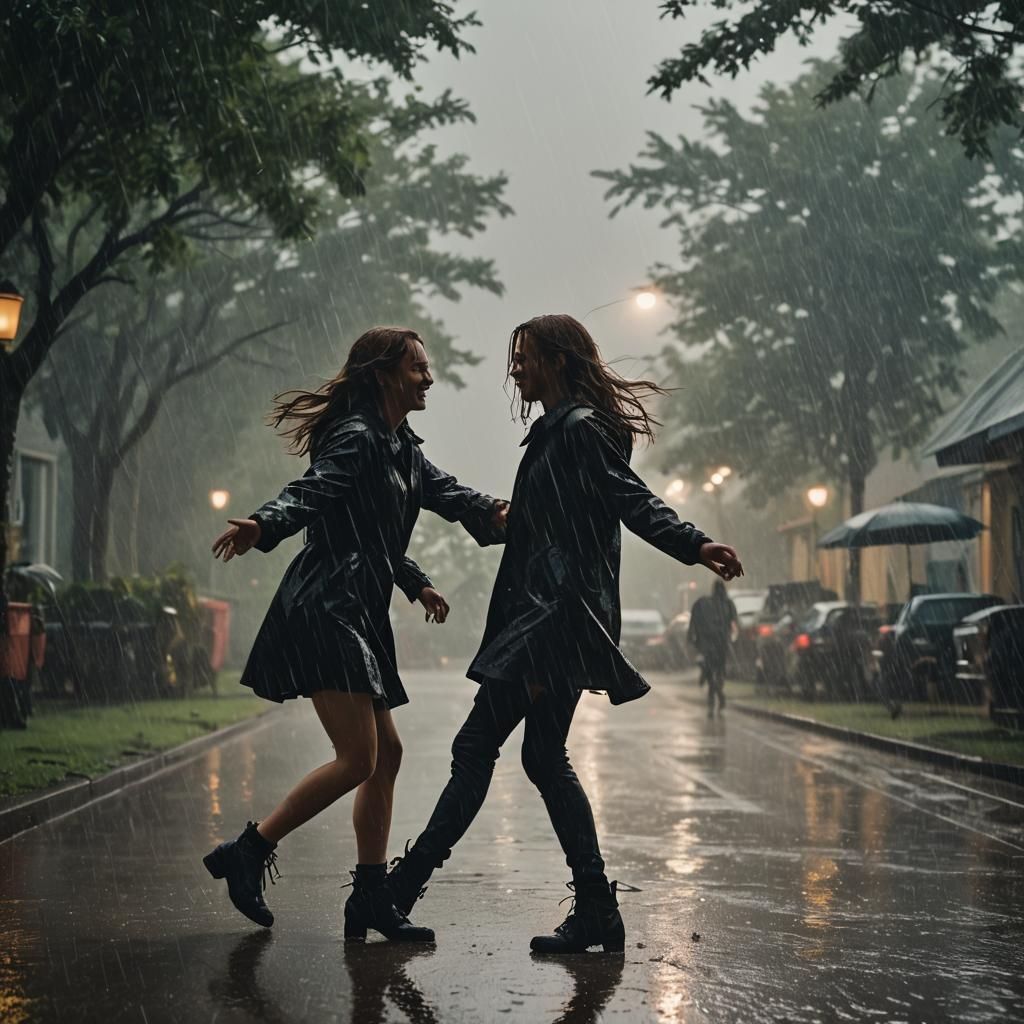 Teenage Couple Dancing Silhouettes in the Rain