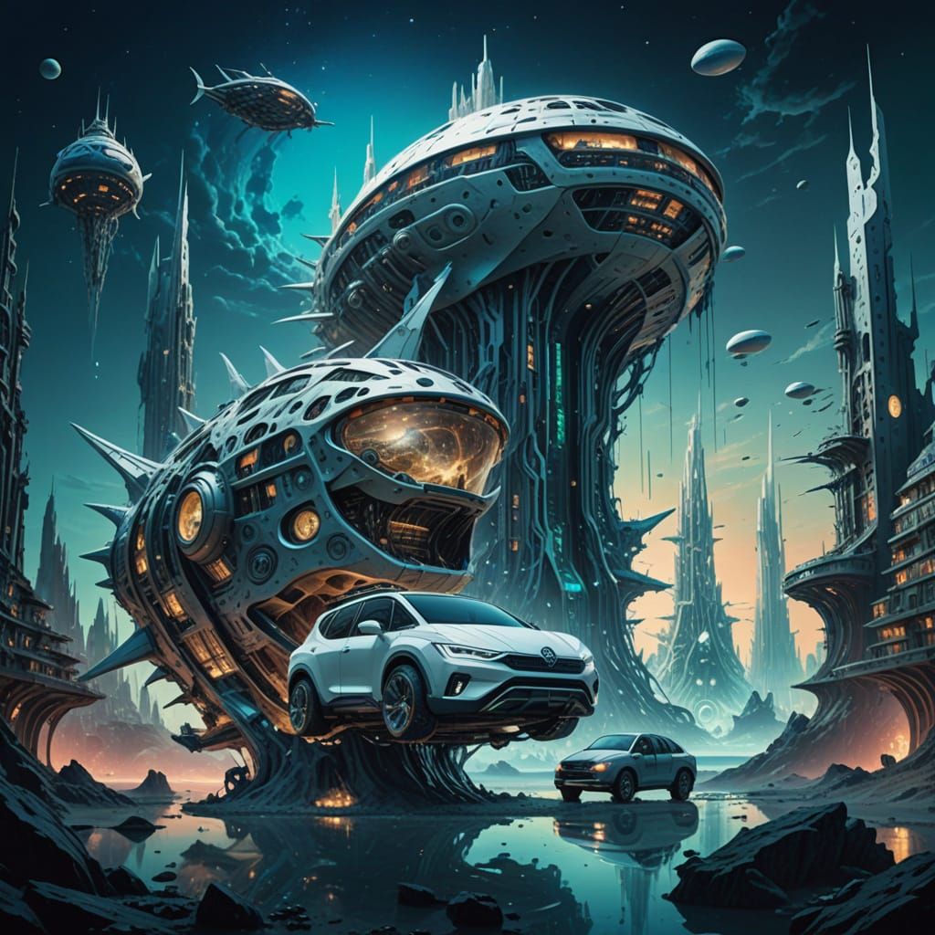 Surreal Pirate and Car in Neon Cityscape