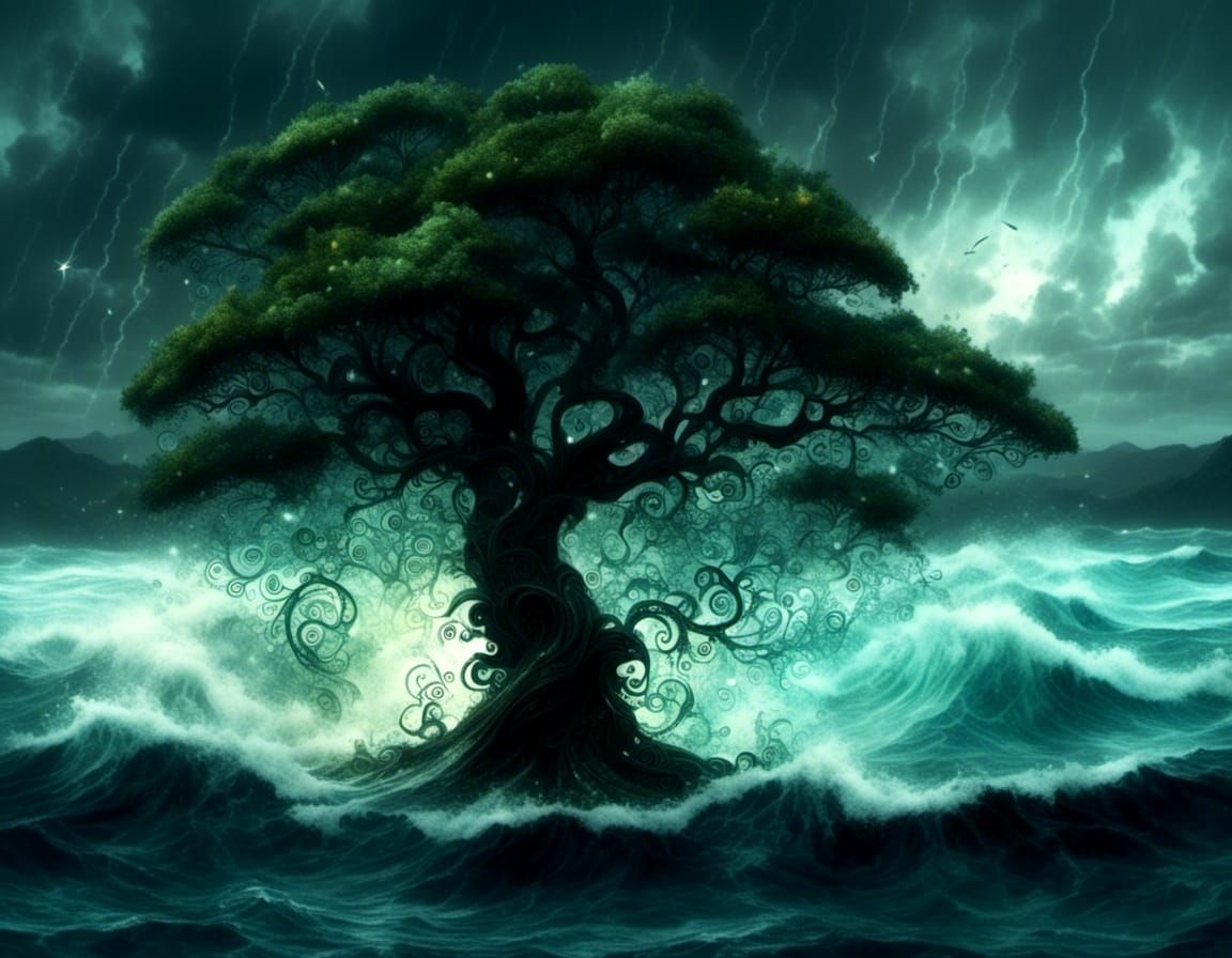 Fantasy Tree Emerges from Stormy Ocean