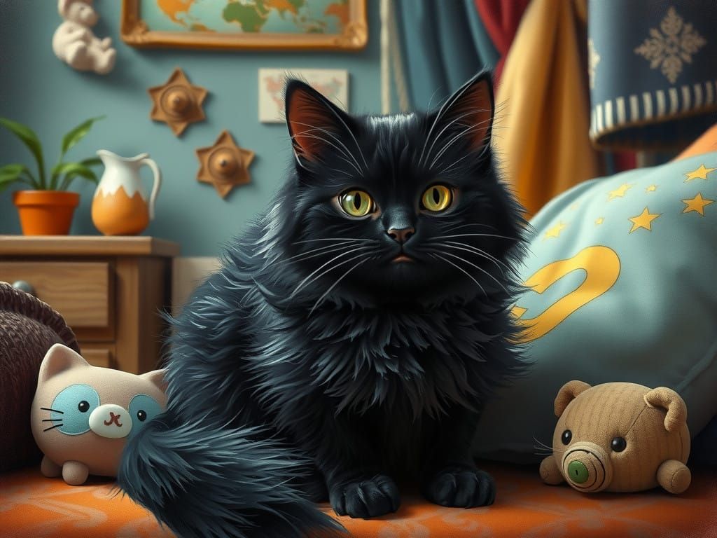 Surrealistic Black Persian Cat at Home
