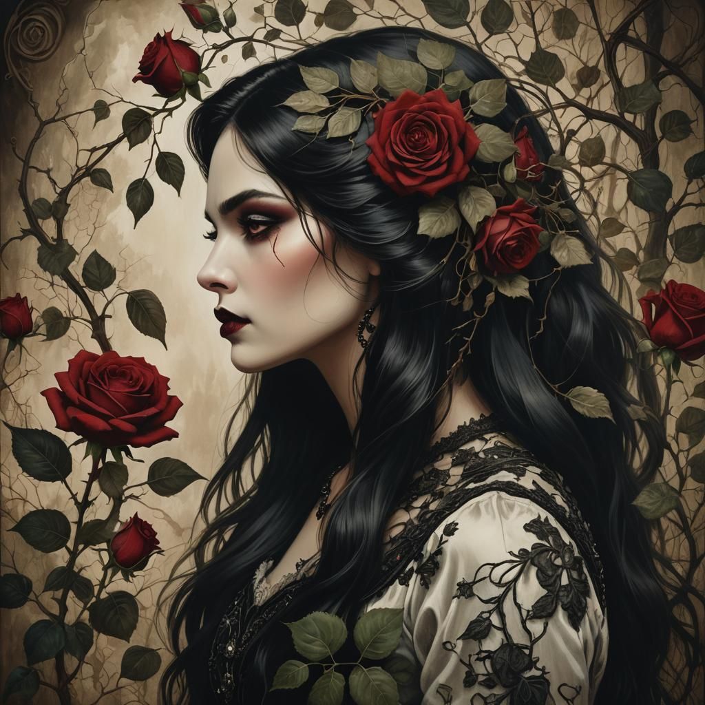 Gothic Portrait of Melancholic Beauty in Vintage Horror Styl...