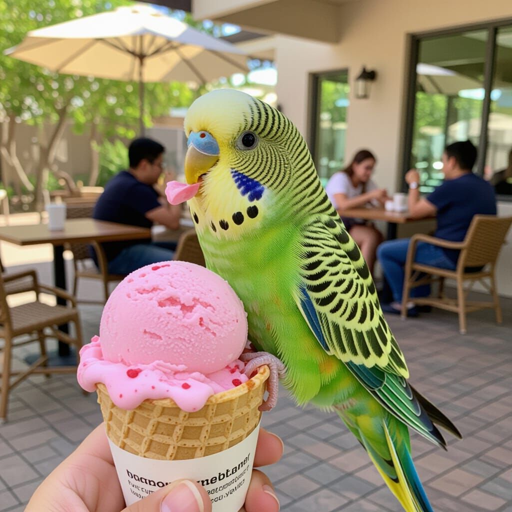 Budgerigar's Sweet Treat: A Bird Eating Ice Cream